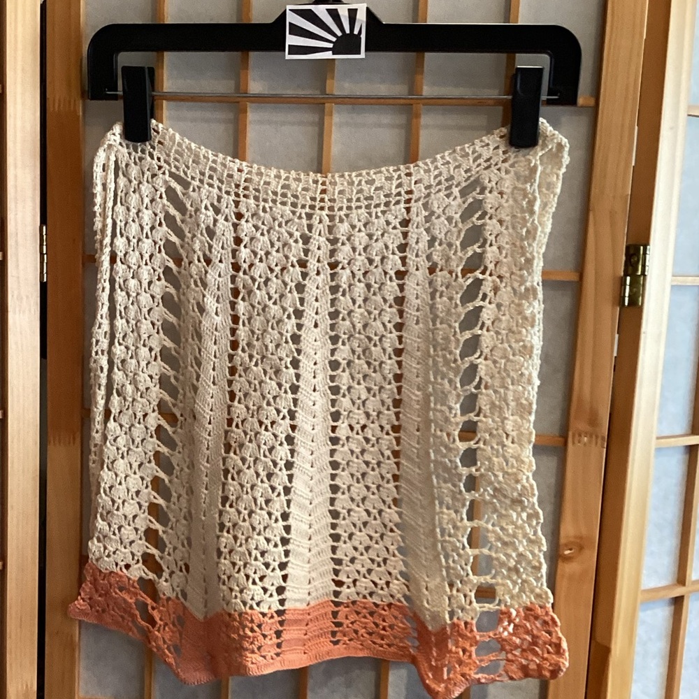 Vintage Handmade Crochet Half Apron / Waist Apron Cream & Orange Knit